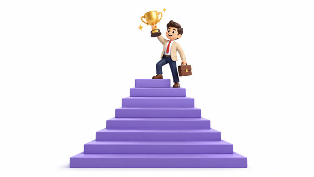 Business Success and Career Achievement Concept with Entrepreneur Holding Golden Trophy on Winner Podium