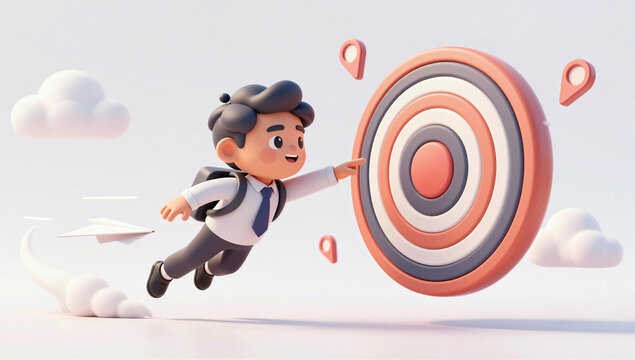 3D Businessman Flying Toward Target for Goal Achievement and Success