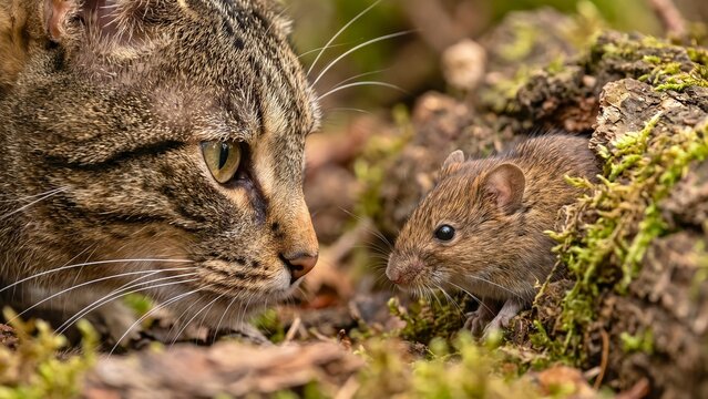 Cat and mouse facing each other in forest showing predator prey encounter and natural wildlife behavior outdoors