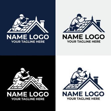 Roofer logo set displays a construction worker repairing a house roof with a hammer.