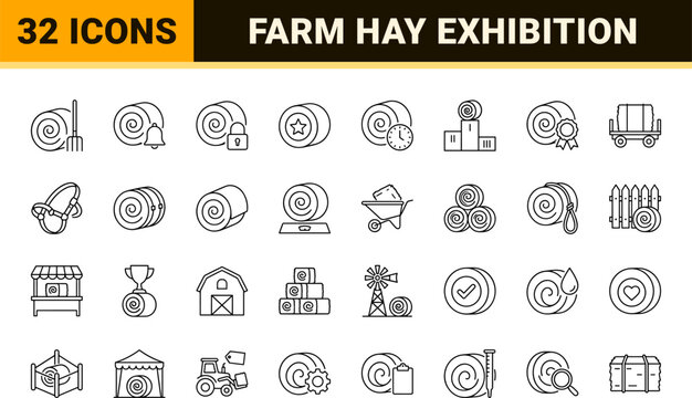 Hay Bale County Show Day Web Icon Set in Linear Style. Collection of Farm Fair line icons, including agriculture, judging, livestock feed, prize competition, exhibition, harvesting.