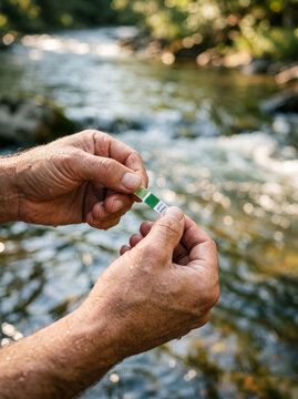 Water Quality PH Strip Testing Beside Rapid River Current