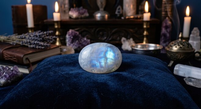 Smooth Oval Moonstone Gemstone with Blue and White Sheen Resting on Dark Velvet Cushion with Candles and Crystals