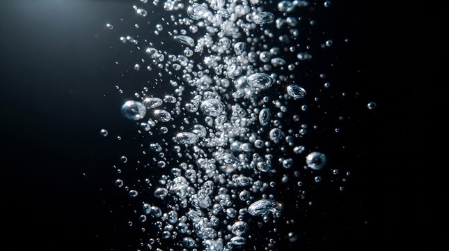 Underwater air bubbles rising in dark water, sparkling liquid oxygen spheres on black background, cinematic aquatic texture
