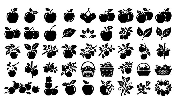 Apple Silhouette Collection with Branches, Leafy Stems, Baskets and Fruit Variations