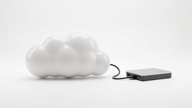 Creative illustration showing cloud connected to external hard drive symbolizing cloud storage technology
