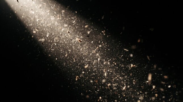 Cinematic light beam with floating dust particles. Dramatic sun ray on black background. Ethereal golden light flare for overlay effects.