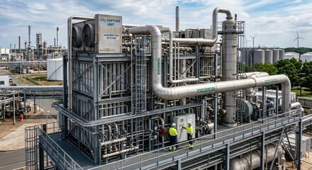 Fototapeta premium Massive Carbon Capture Industrial Facility with Workers Overseeing Advanced Processing Equipment