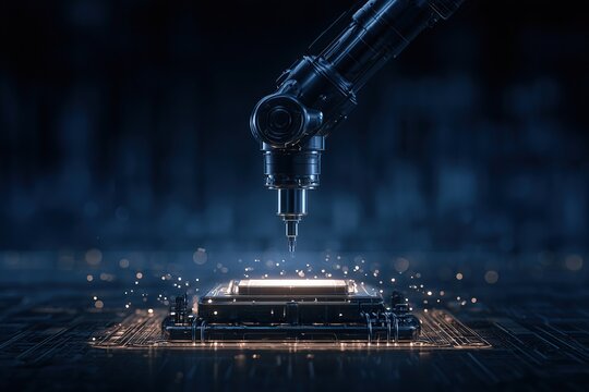 A robotic arm precisely assembles a glowing microchip on a circuit board under blue lighting, evoking high-tech manufacturing and microelectronics with tiny sparks and focus.