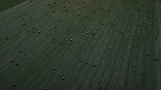 Aerial Grid Pattern of Hay Bales in Iceland Field