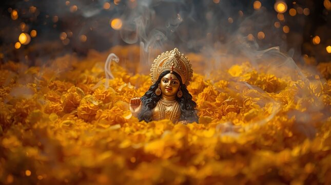 Golden divine figure emerging from swirling incense clouds with floral petals with captures cinematic close incense smoke scattered rising amidst dynamic