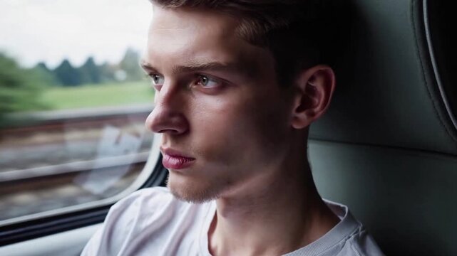 Pensive young man sitting near window on moving train, thoughtful traveler looking at passing countryside view, calm passenger daydreaming during quiet commuting trip through green rural landscape