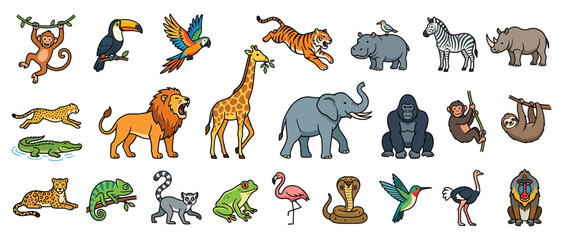 Naklejka premium Cute Cartoon Safari Animals Collection Isolated