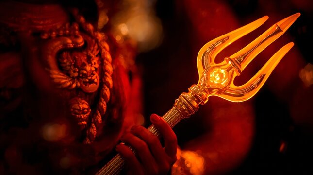 Close up of intricately carved deity idol gripping illuminated golden trident weapon with dramatic lighting against dark background showcases detailed close