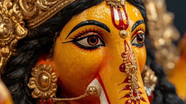 Close up of intricately painted traditional face with ornate gold jewelry with striking black eyeliner against warm yellow base detailed close meticulously