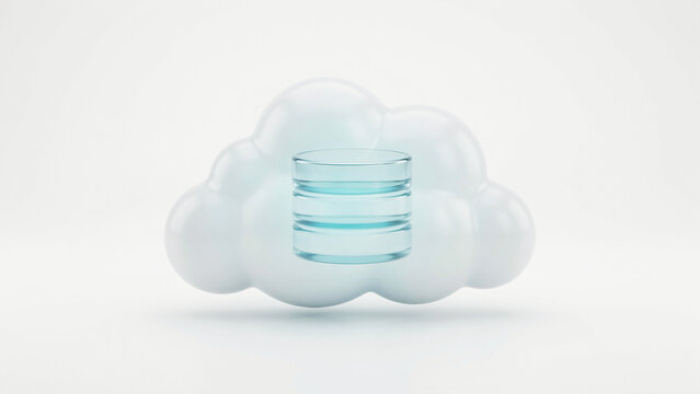 Modern cloud icon featuring transparent glass database server symbol for cloud storage technology concepts