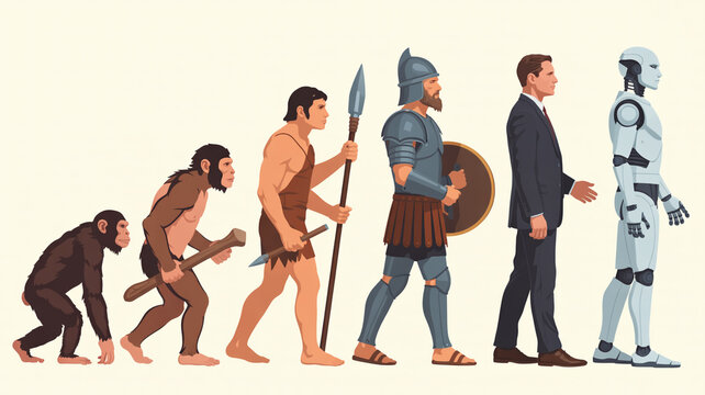 Evolution of Humanity from Ape to Robot, Conceptual Illustration of Human Evolution, Progression of Civilization and Technology