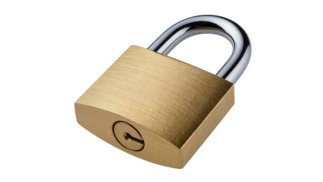 Brass padlock with shiny metal shackle, isolated on transparent background
