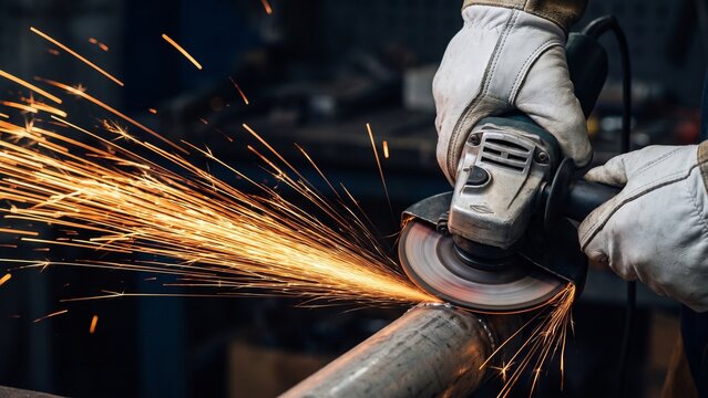 Worker using angle grinder to cut metal pipe generating sparks in industrial workshop fabrication