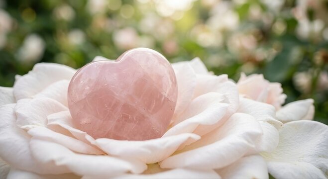 Polished Rose Quartz Heart Shaped Crystal Resting on Delicate White Rose Petals with Soft Floral Background