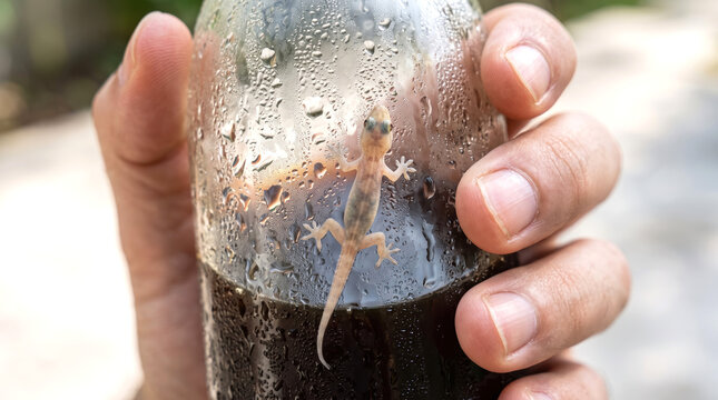 Hand Holding Wet Condensation Glass Bottle with Small Gecko