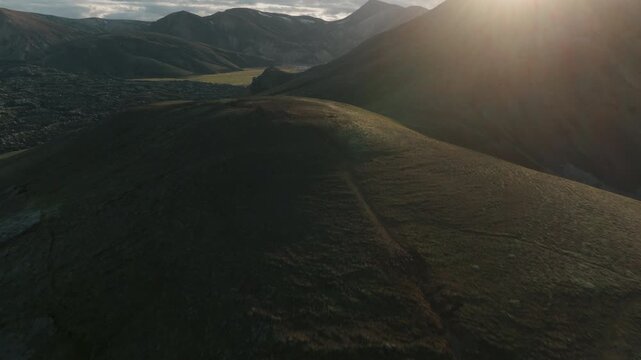 Sunset Hillside Silhouette, Aerial Drone, Iceland