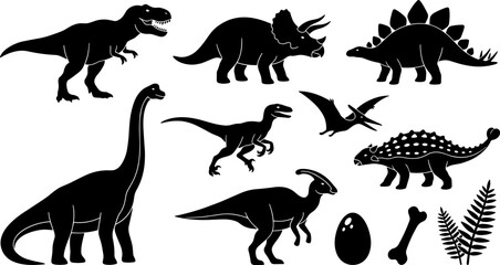 Dinosaur Silhouette Icons T-Rex Triceratops Stegosaurus Brachiosaurus Velociraptor Pterodactyl Ankylosaurus Parasaurolophus Egg Bone Fern Jurassic Collection Black Prehistoric Animals Set © MST