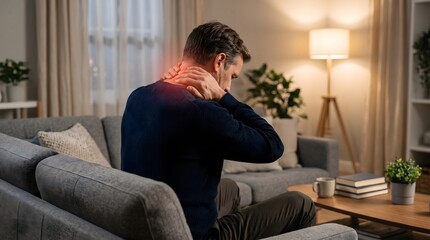 Fototapeta premium Man Suffering from Neck and Shoulder Pain at Home
