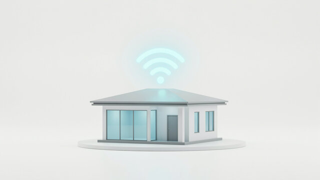 Modern minimalist house illustration with glowing wireless network signal above roof representing smart home connectivity