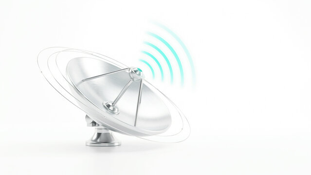 Modern satellite dish transmitting wireless communication signals with transparent background