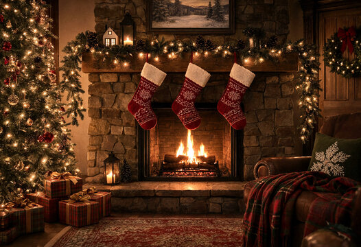 Cozy christmas living room with fireplace decorated stockings and glowing lights on tree