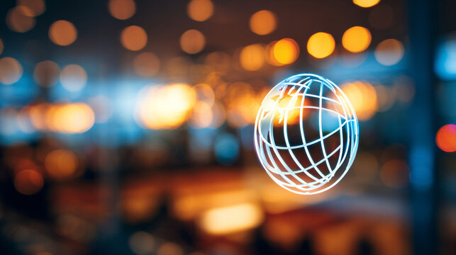 Glowing blue digital globe icon floating against a blurred golden bokeh background of city lights