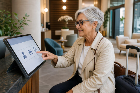 Confident Senior Traveler Using an Accessible Touchscreen for Contactless Hotel Check-In While Seated Beside Luggage in a Welcoming Lobby