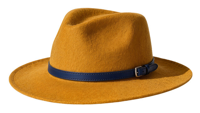 Mustard yellow fedora hat with navy blue leather band, isolated on transparent background