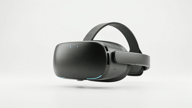 Modern virtual reality headset with adjustable straps floating against transparent background