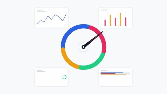 Animated speedometer dial with business data analytics charts overlay