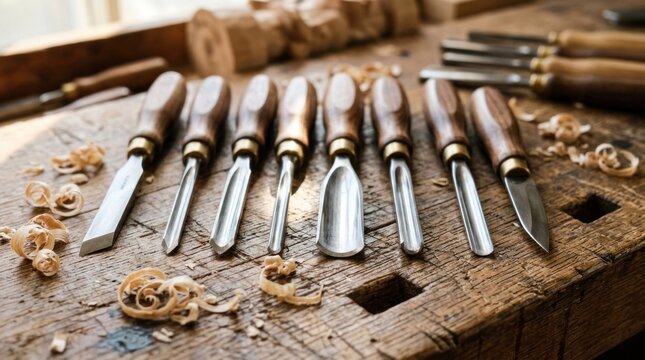 Collection of woodworking chisels on a rustic workbench with wood shavings