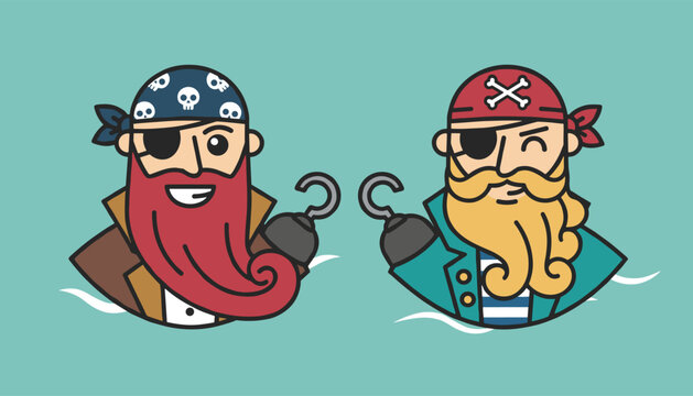 Pair of cartoon pirate characters with colorful beards, eye patches, and hook hands floating on the water.