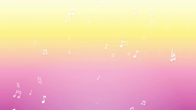 Animated floating musical notes drifting across a soft pink and yellow gradient background