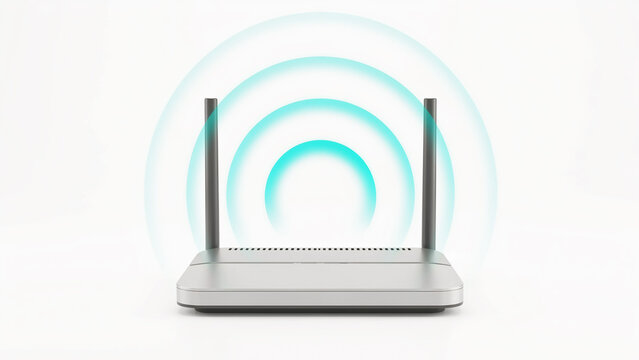 Modern wireless router device emitting signal waves on transparent background for technology illustration