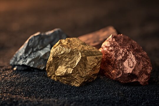 Raw gold, silver, and copper ore nuggets on dark ground