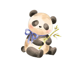 Watercolor illustration of a cute baby panda bear sitting and holding a green bamboo branch, adorned with a blue ribbon bow, isolated on a white background for nursery and greeting card design. © Bolangmania