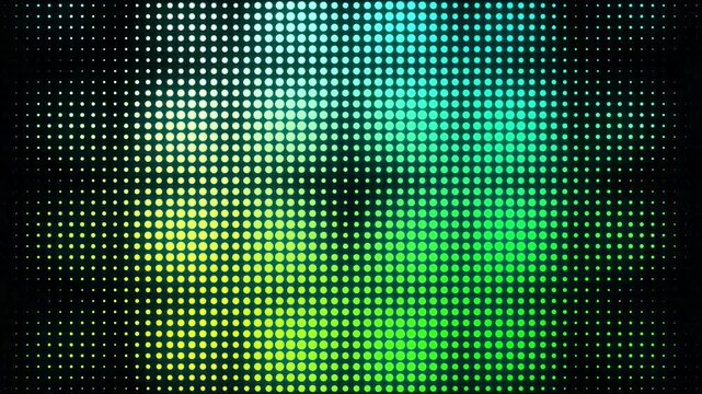 Abstract digital halftone background, glowing green and blue dot pattern, vibrant pixelated light display for technology and music visuals
