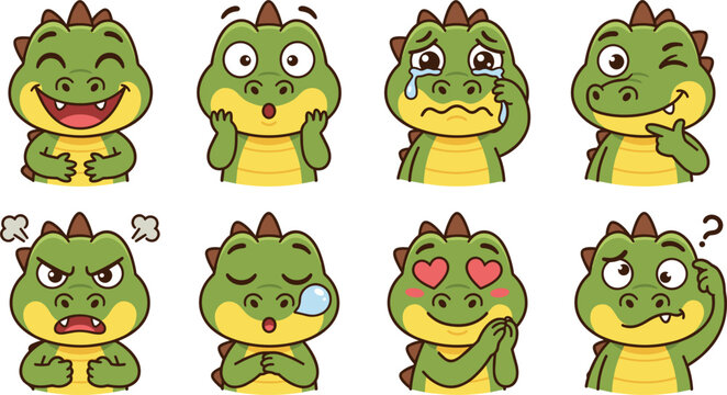 Cute baby dinosaur emoji vector illustration set featuring small green dragon cartoon characters with various facial expressions isolated on white background
