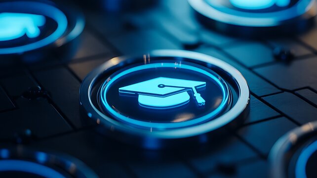  Digital education graduation cap icon on futuristic technology background
