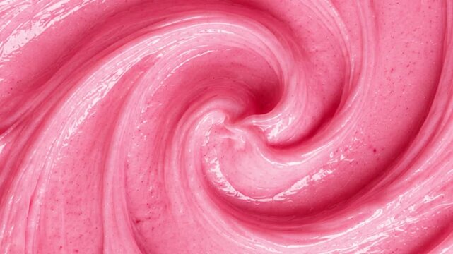 Abstract swirling spiral pattern of soft pink berry ice cream or smoothie background. Macro top view swirl texture of creamy pink strawberry yogurt with video play button.