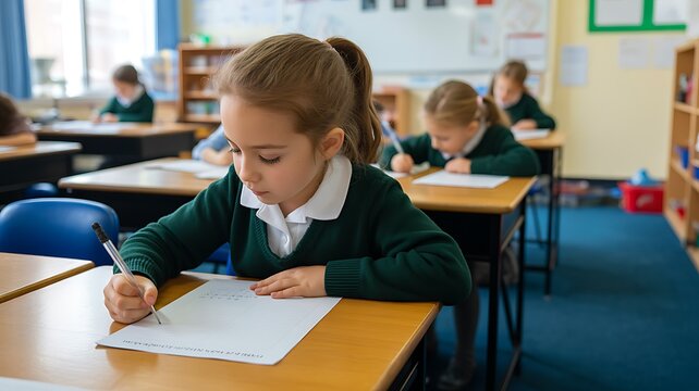 Young schoolgirl writing homework at classroom desk with classmates