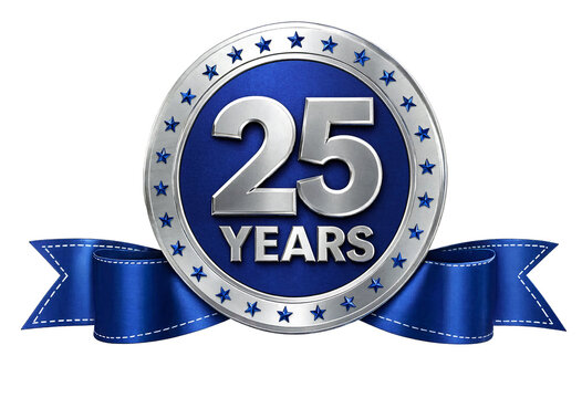 Shiny silver and blue twenty five years anniversary badge with ribbon isolated illustration
