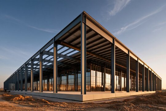 Modern industrial steel frame building under construction at sunset