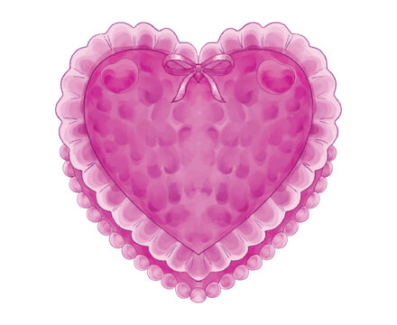 Cute Purple Heart Shaped Pillow with Ruffled Edges and Ribbon Bow Illustration Isolated on White Background for Romantic Valentine Day Decor